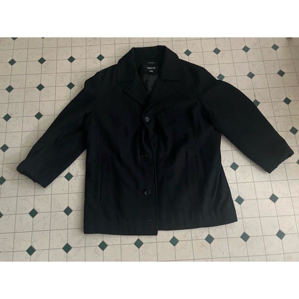 Claiborne Men's XXL Black Wool Blend Pea Coat Lined Pockets Button Quilted